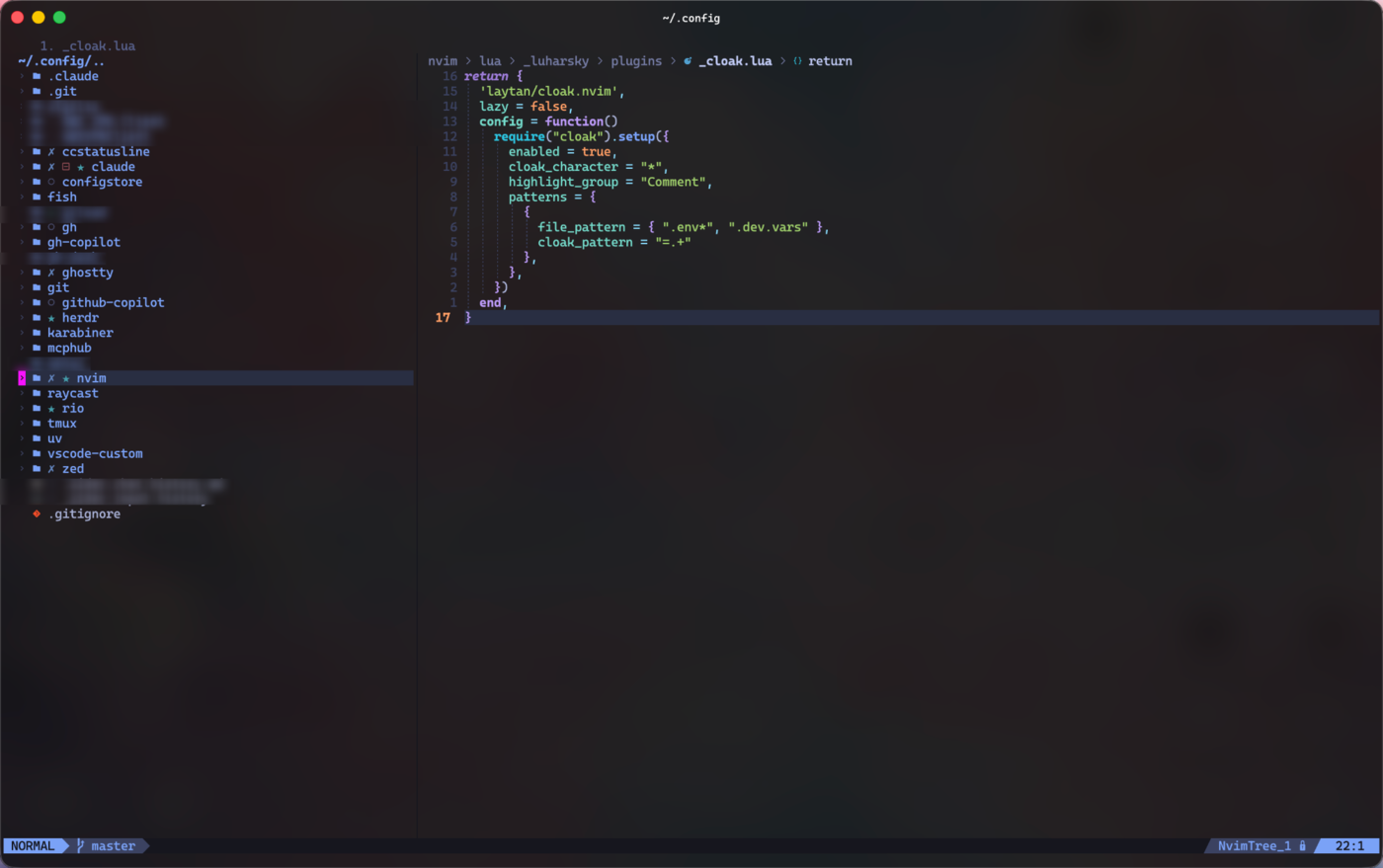 Neovim editing a Lua plugin config, cloak.nvim setup