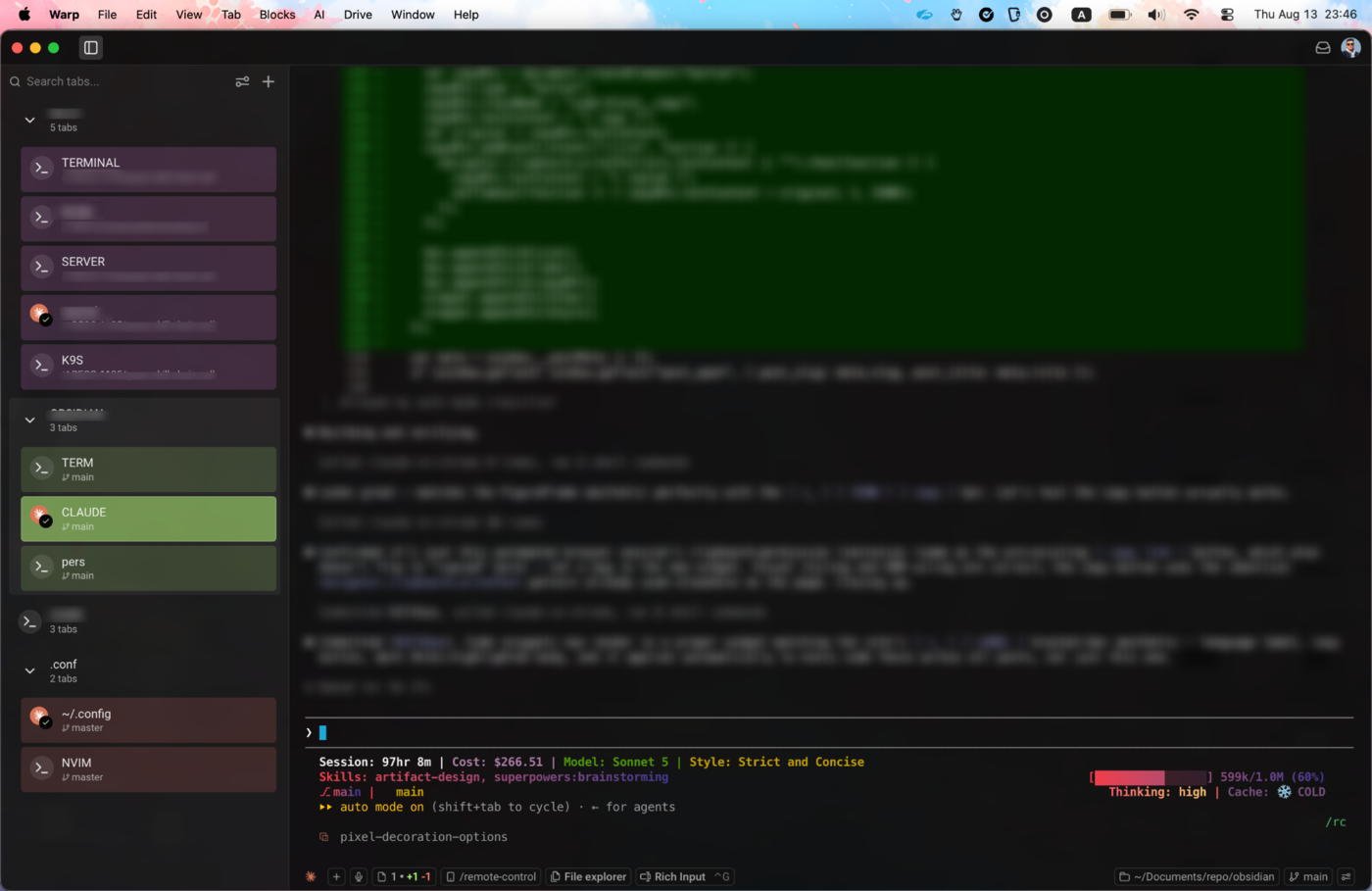 Warp terminal with project-grouped tabs